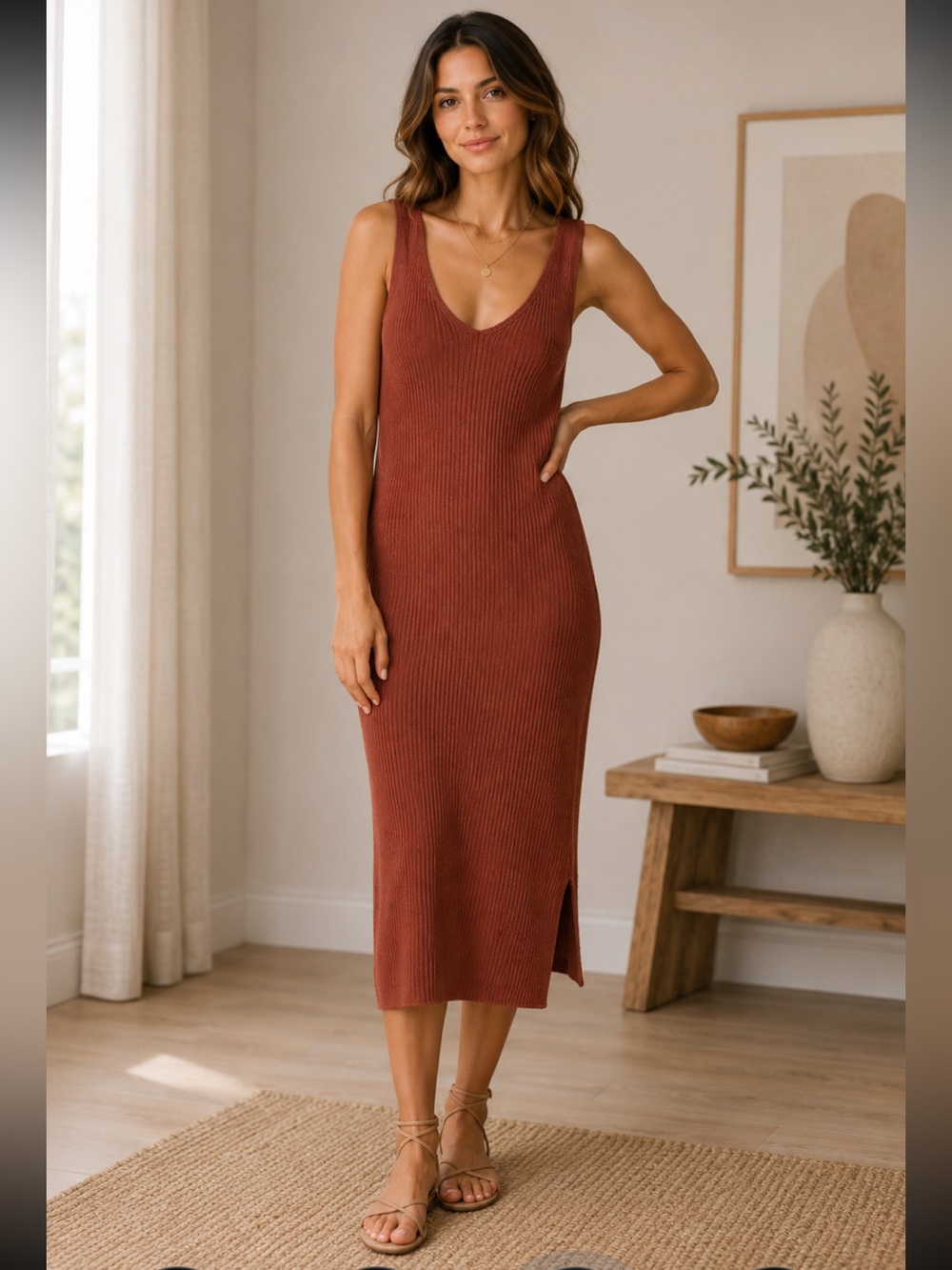 Free People Ribbed Midi Tank Dress in Burnt Orange